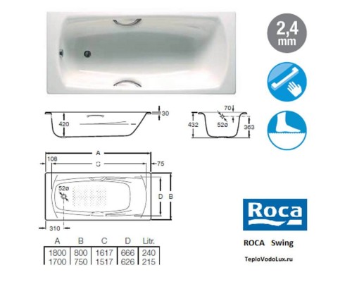 Ванна стальная Roca Swing 180x80