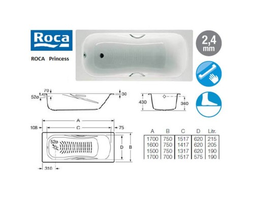 Ванна стальная Roca Princess 150x75