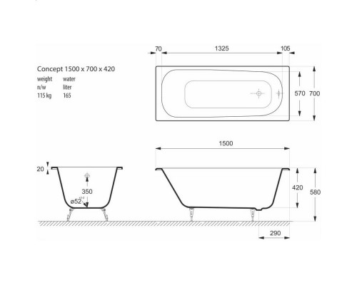 Чугунная ванна Vinsent Veron Concept 150x70